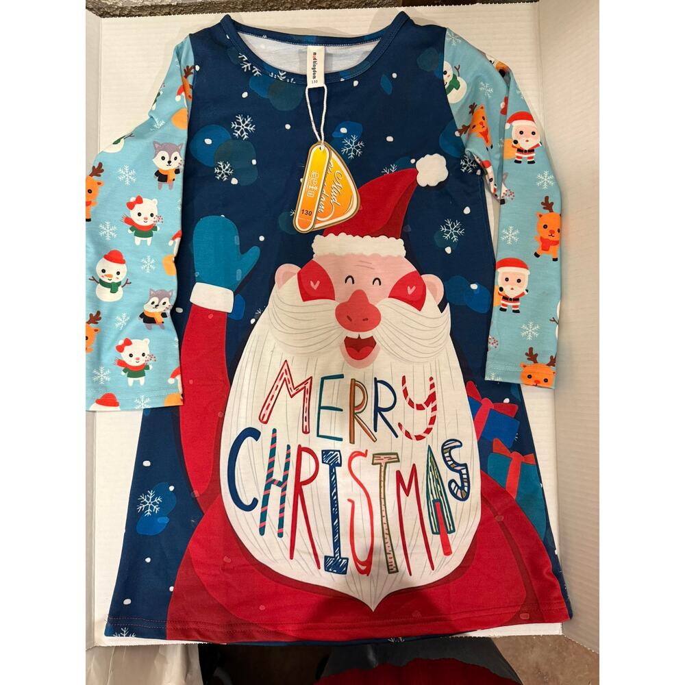 Girls Merry Christmas Dress - Santa Claus Design, Holiday Party Festive Size 6-7